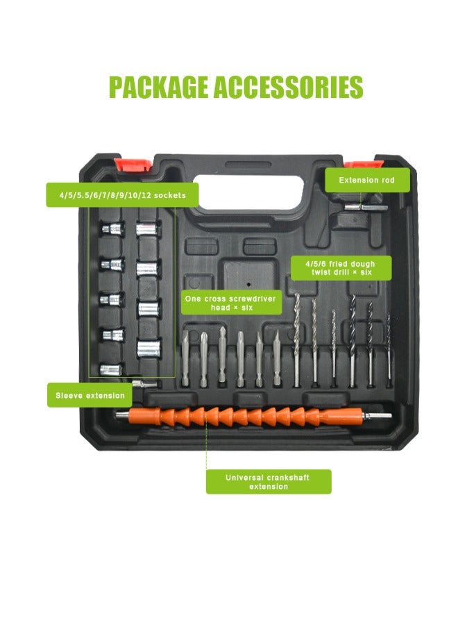 36V Cordless Power Drill, 2 Batteries and  24 Piece Accessories Electric Screwdriver Set, Green