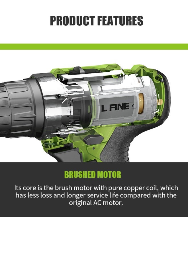 36V Cordless Power Drill, 2 Batteries and  24 Piece Accessories Electric Screwdriver Set, Green