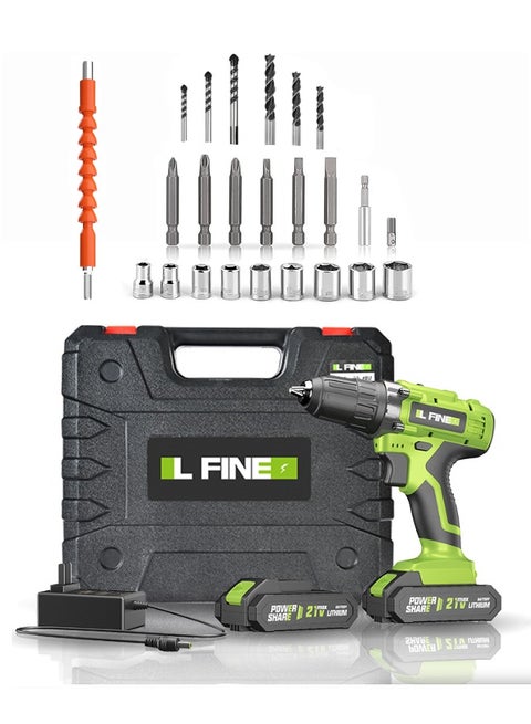36V Cordless Power Drill, 2 Batteries and  24 Piece Accessories Electric Screwdriver Set, Green