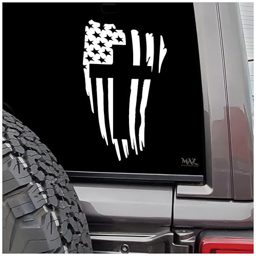 MAZ DISTRIBUTIONS American Flag Christian Cross Sticker Vinyl Decal for Car Truck and Van Long Lasting and Indoor and Outdoor UseWaterproof for Water CoolerLaptop Decal White MAZ 415