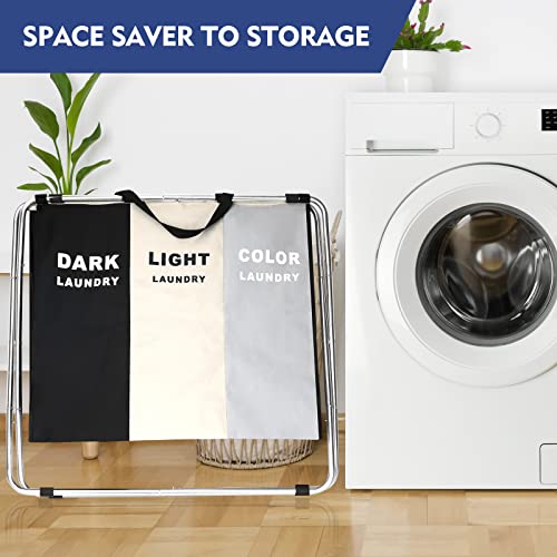 BRIGHTSHOW 180L Laundry Basket Sorter, Large 3 Section Collapsible Laundry Hamper for Laundry Room Organization, 28" x 21"x 15" Dirty clothes Hamper Bag for Bedroom Blanket Storage Organizer (3 Section Black) - Image 4