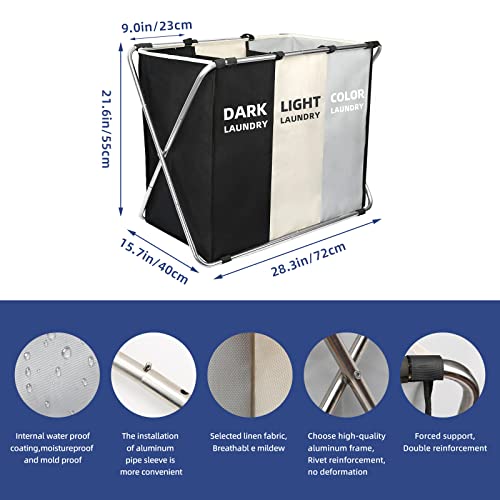 BRIGHTSHOW 180L Laundry Basket Sorter, Large 3 Section Collapsible Laundry Hamper for Laundry Room Organization, 28" x 21"x 15" Dirty clothes Hamper Bag for Bedroom Blanket Storage Organizer (3 Section Black) - Image 3