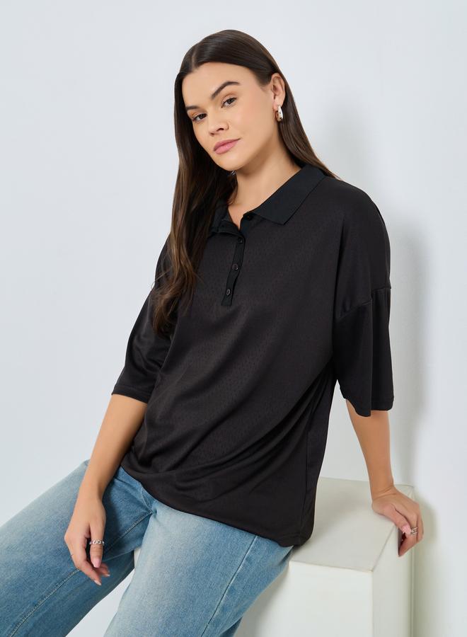 Styli Black Knitted Polo T-Shirt - Image 2