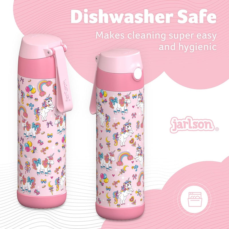 Jarlson قارورة مياه أطفال جارلسون مع قشة - شارلي - قارورة مياه معزولة من الفولاذ المقاوم للصدأ - ترمس - بنات/أولاد (يونيكورن 'فسيفساء'، 18 أونصة) - Image 4