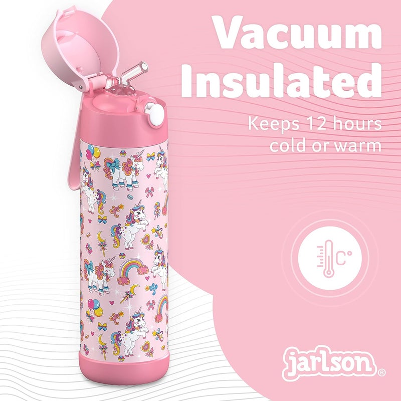 Jarlson قارورة مياه أطفال جارلسون مع قشة - شارلي - قارورة مياه معزولة من الفولاذ المقاوم للصدأ - ترمس - بنات/أولاد (يونيكورن 'فسيفساء'، 18 أونصة) - Image 2