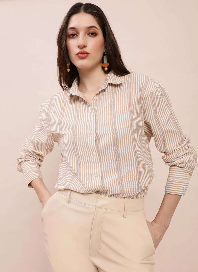 globus Globus Women Brown Collared Neck Cuffed Sleeves Striped Asymmetric Back Hem Oversized Shirt