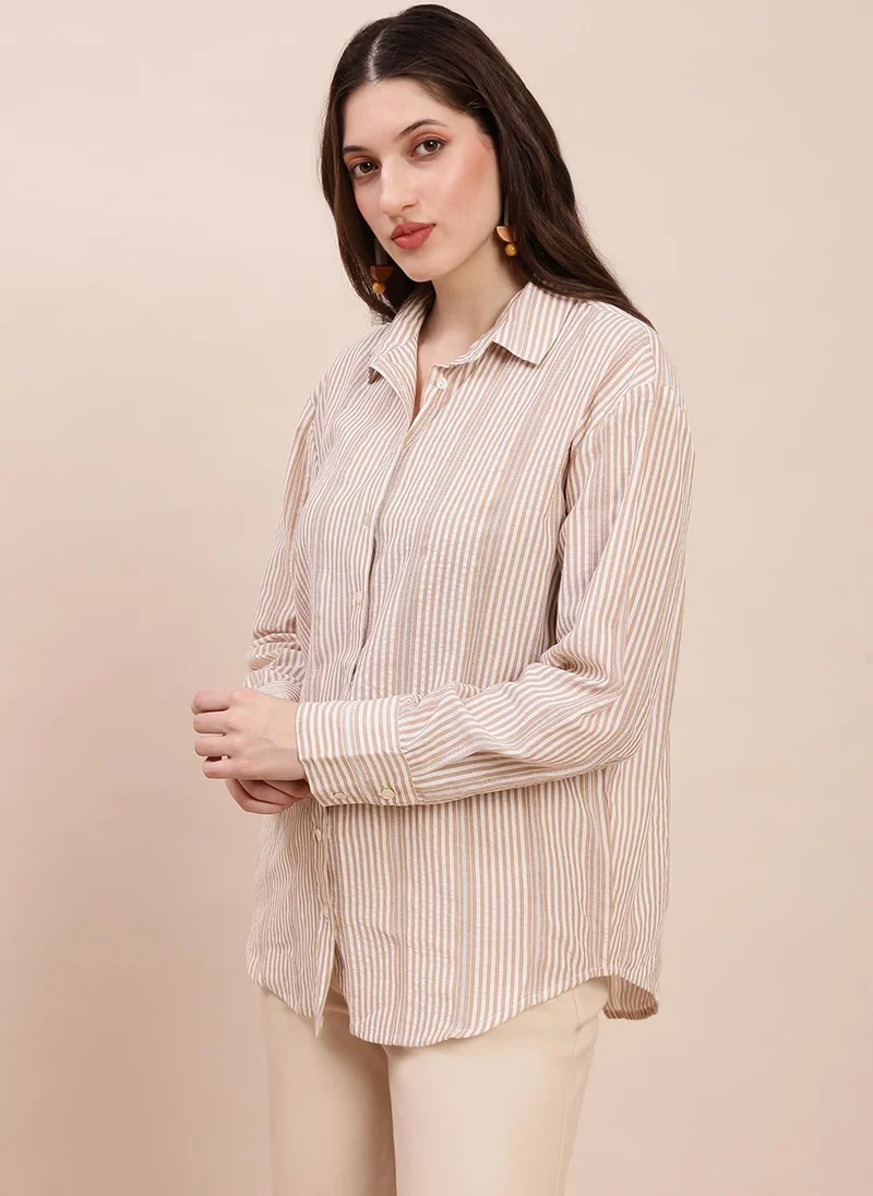 globus Globus Women Brown Collared Neck Cuffed Sleeves Striped Asymmetric Back Hem Oversized Shirt