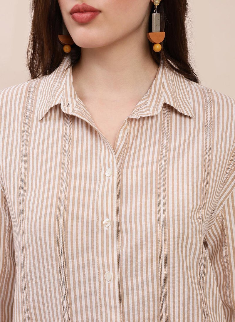 Globus Women's Brown Casual Shirt with Spread Collar and Vertical Stripes - Image 5