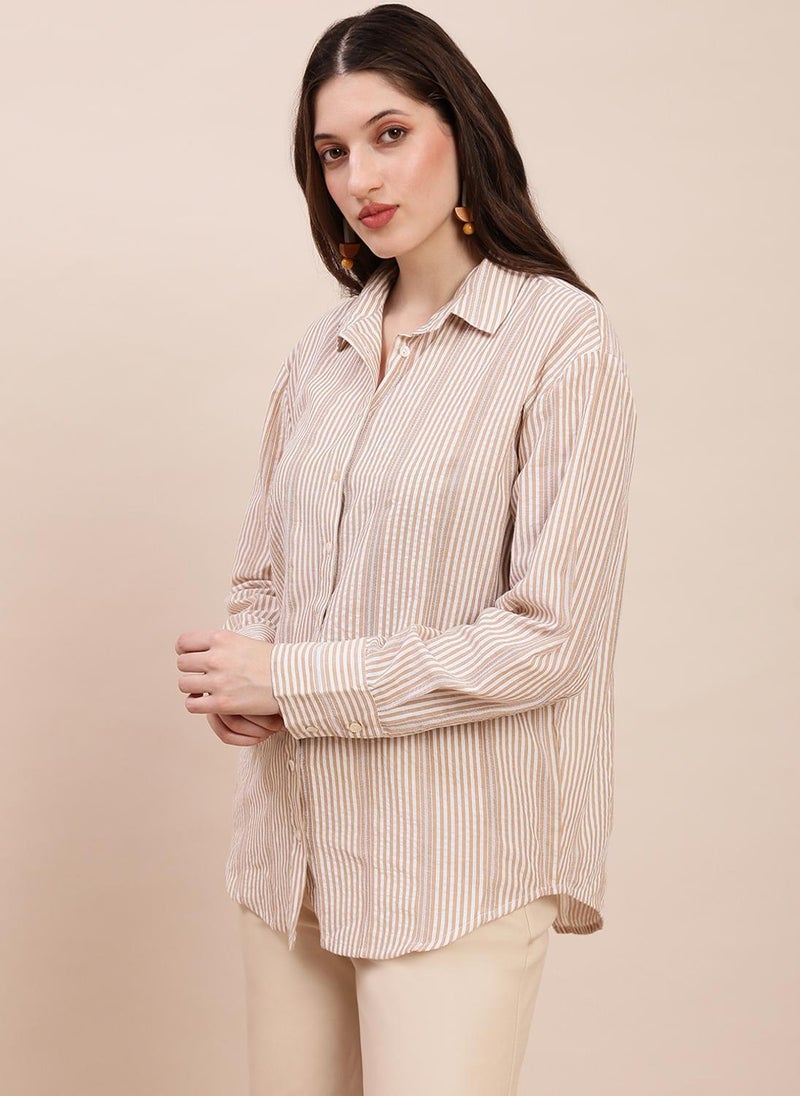 Globus Women's Brown Casual Shirt with Spread Collar and Vertical Stripes - Image 1