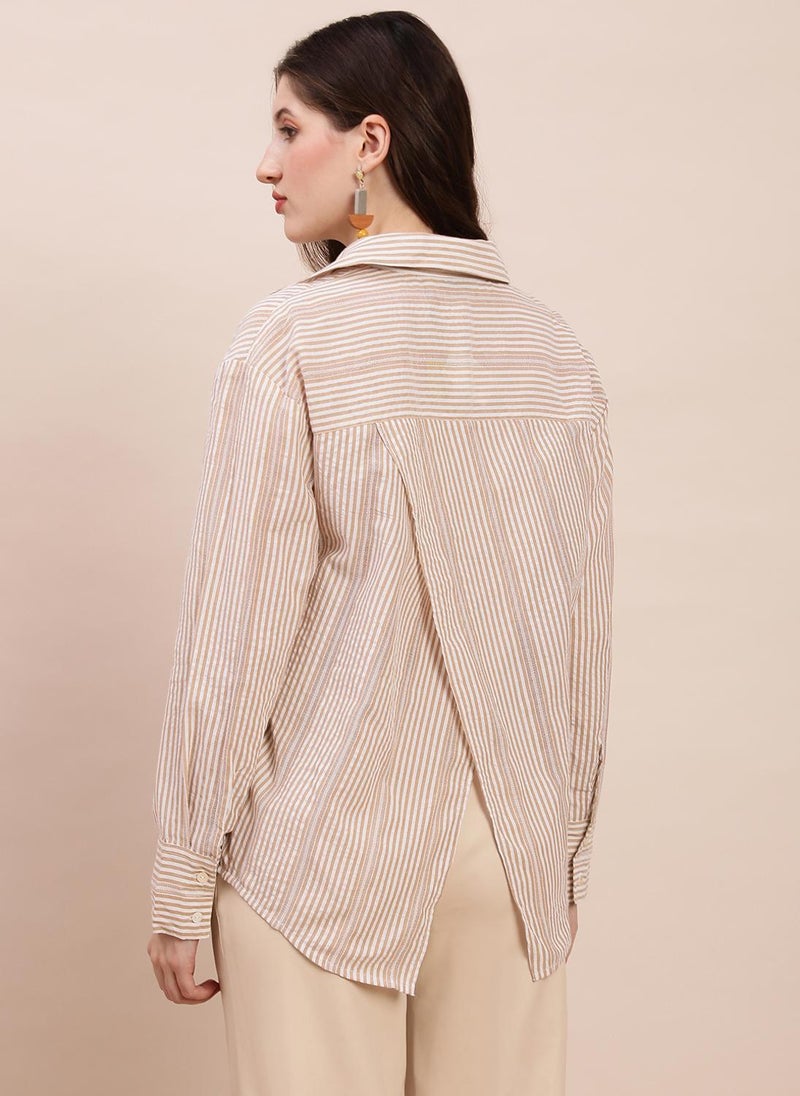 Globus Women's Brown Casual Shirt with Spread Collar and Vertical Stripes - Image 4