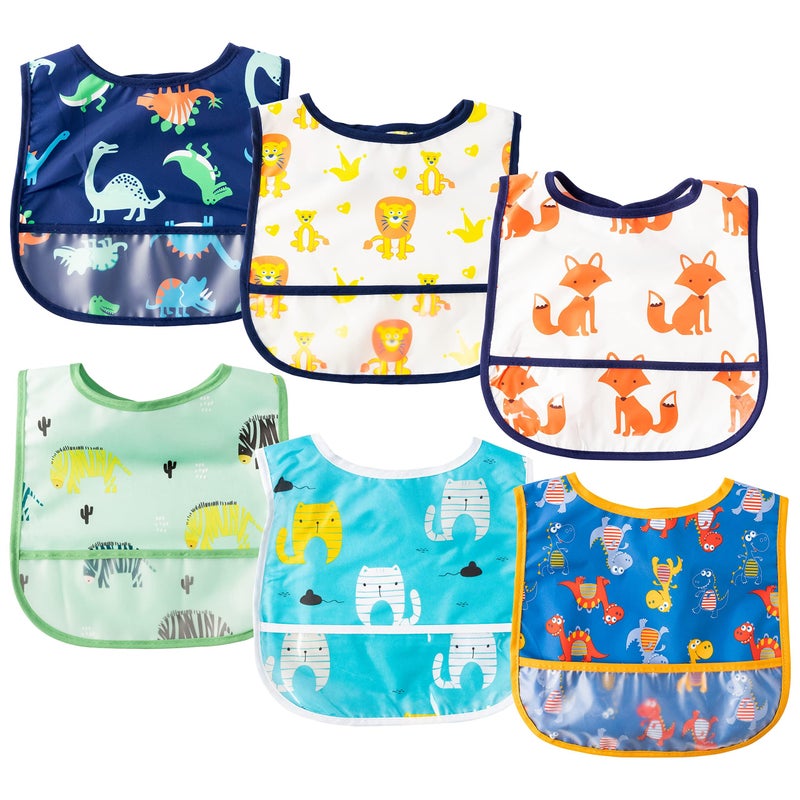 2ooya 6Pcs Waterproof Toddler Bibs Baby Feeding Bib Set with Crumb Catcher Pocket Infant Adjustable Baby Teething Bib Babies Sleeveless Animals Food Bibs Keepsake Gift for Baby Shower, 6-24 Months - Image 1