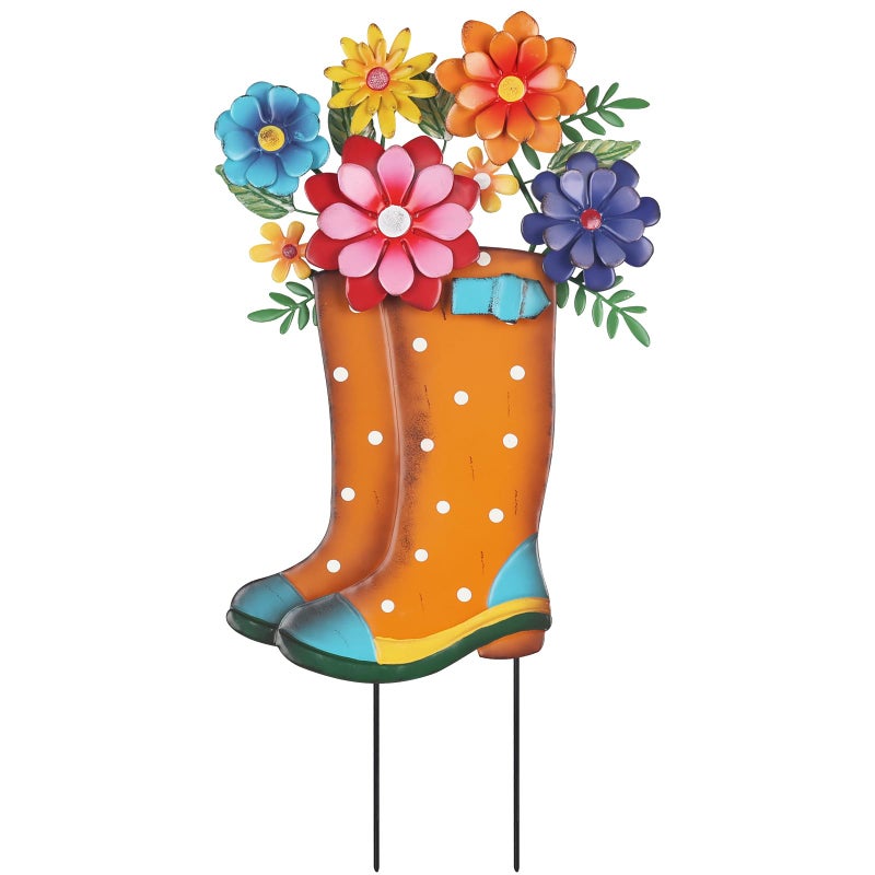 YEAHOME Garden Decor for Outside, 26â€ Decorative Garden Stakes Metal Boot with Flowers for Spring Decor, Yard Art Stakes for Outdoor Lawn Backyard Porch Pathway Garden Decorations - Image 1