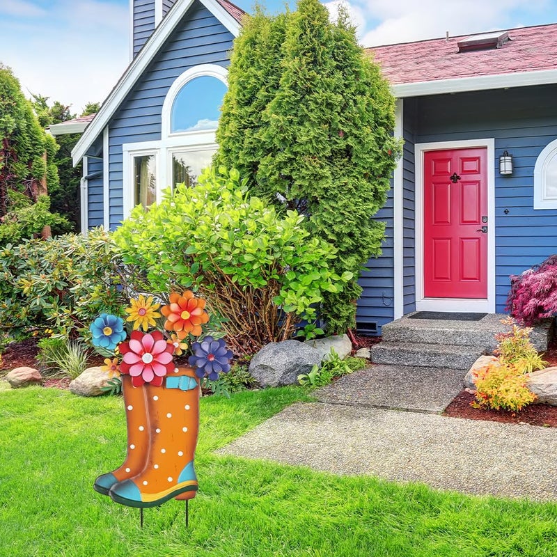 YEAHOME Garden Decor for Outside, 26â€ Decorative Garden Stakes Metal Boot with Flowers for Spring Decor, Yard Art Stakes for Outdoor Lawn Backyard Porch Pathway Garden Decorations - Image 3