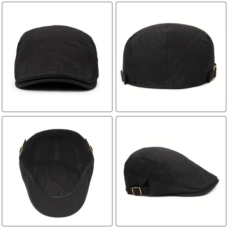 Xinveen Newsboy Hats for Men Flat Cap Cotton Adjustable Breathable Irish Cabbie Ivy Driving Hunting Hat Black - Image 5