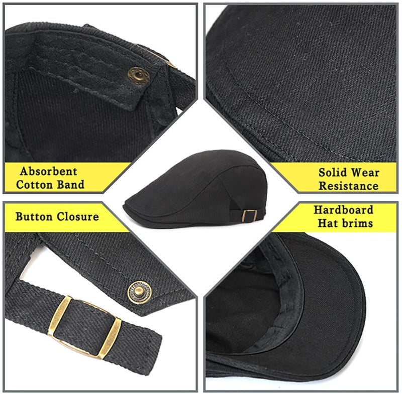 Xinveen Newsboy Hats for Men Flat Cap Cotton Adjustable Breathable Irish Cabbie Ivy Driving Hunting Hat Black - Image 3