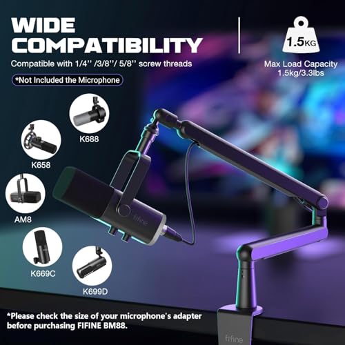 FIFINE BM88 Microphone Boom Arm Stand with Desk Mount Clamp, Screw Adapter, Cable Management, Suspension Scissor Mic Stand for Boom Stick Microphone, for Podcast Streaming Gaming Studio|Black - Image 4