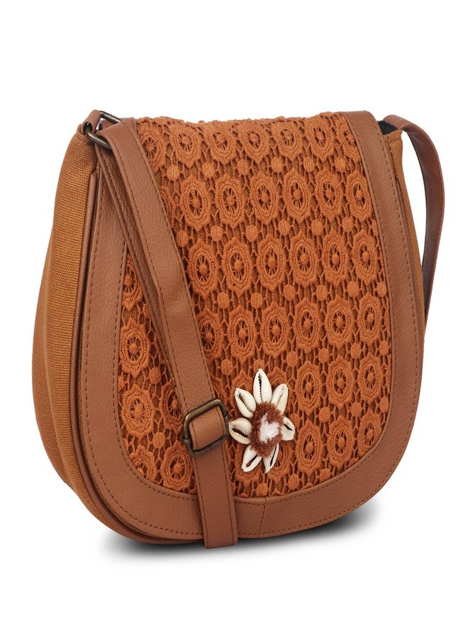VASA Flap over sling bag in schiffli fabric with shell work - Image 2