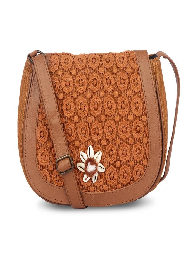 VASA Flap over sling bag in schiffli fabric with shell work - Image 1