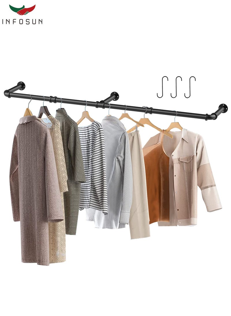 INFOSUN Clothes Rack Wall Mounted, Heavy Duty Iron Garment Bar with 3 S-Shaped Hooks, Industrial Pipe Garment Rack Detachable,Adjustable 180CM. - Image 1