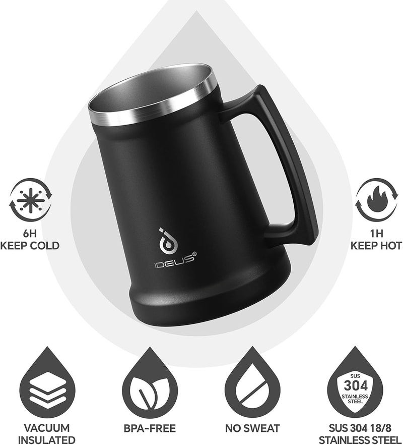 ideus Insulated Beer Stein, 24/32oz Stainless Steel Double Walled Beer Mug Giant Bar Drinkware Metal Beer Cup with Big Grip Handle (Black, 34oz (1,000ml)) - Image 2