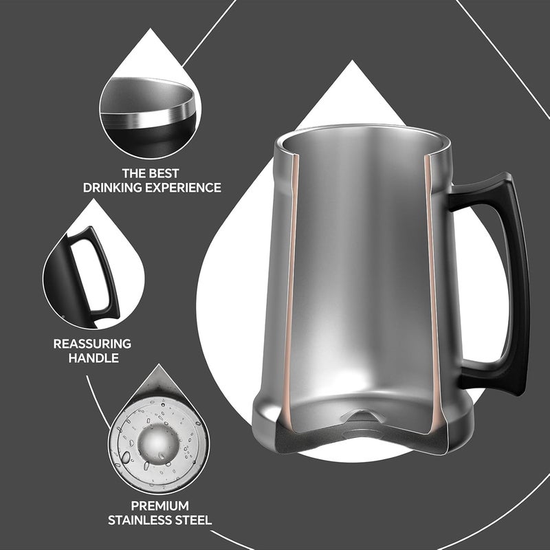 ideus Insulated Beer Stein, 24/32oz Stainless Steel Double Walled Beer Mug Giant Bar Drinkware Metal Beer Cup with Big Grip Handle (Black, 34oz (1,000ml)) - Image 3