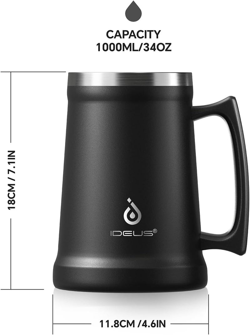 ideus Insulated Beer Stein, 24/32oz Stainless Steel Double Walled Beer Mug Giant Bar Drinkware Metal Beer Cup with Big Grip Handle (Black, 34oz (1,000ml)) - Image 4
