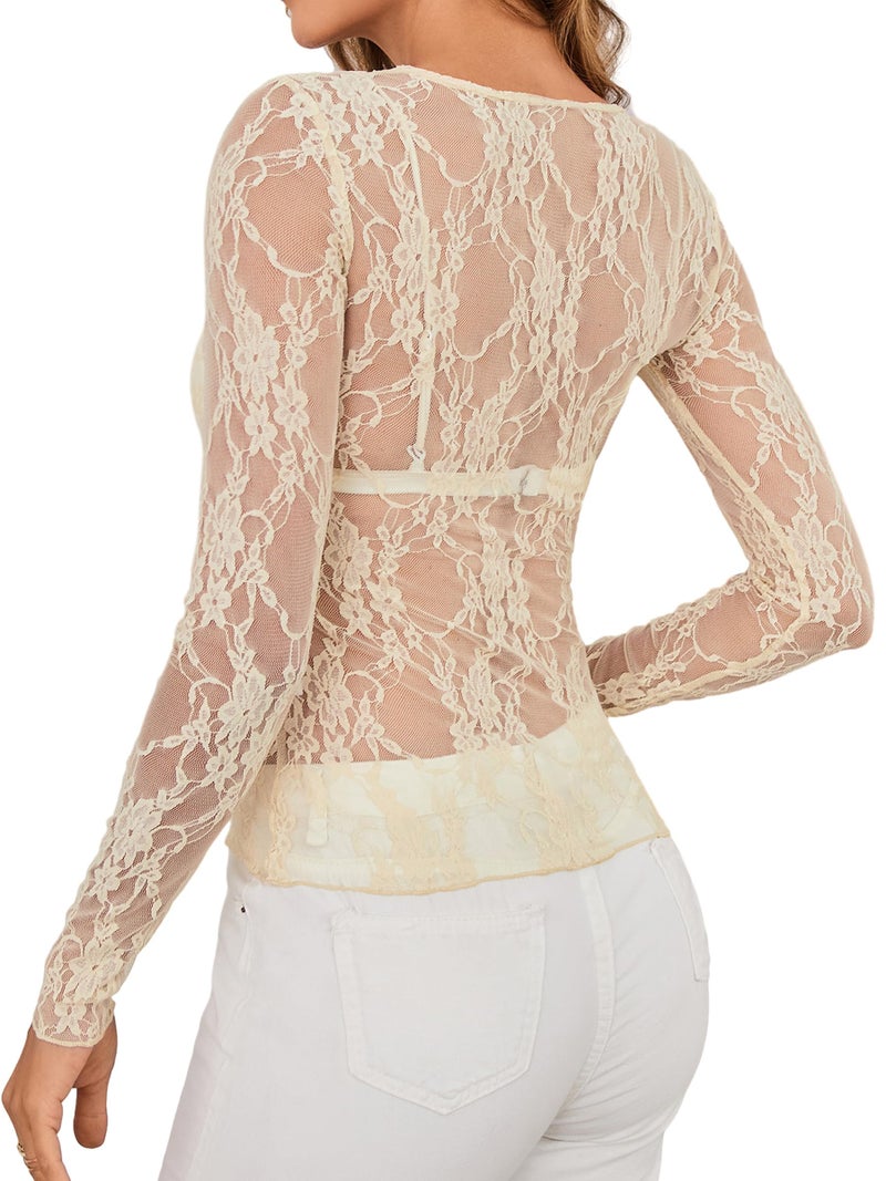 OFEEFAN Womens Mesh Tops Vacation Outfits Lace Long Sleeve Shirts Fall Outfits for Women 2026 Fashion Clothing Country Concert Western Spring Casual Crewneck Sheer Blouses Clothes Champagne L - Image 2