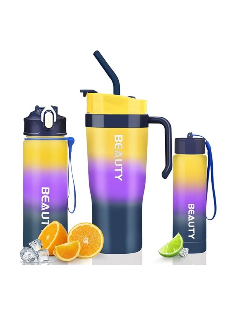 Spaceshoop - Gradient Water Bottle Set, 3 Sizes (1200ml/800ml/300ml), Double Drinking Cup with Straw and Handle - Image 1