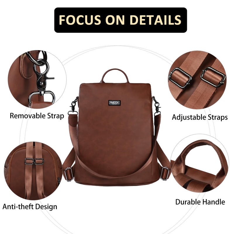 Fmeida Backpack Purse for Women PU Leather Anti Theft Backpack for Travel Convertible Fashion Daypack Brown - Image 5