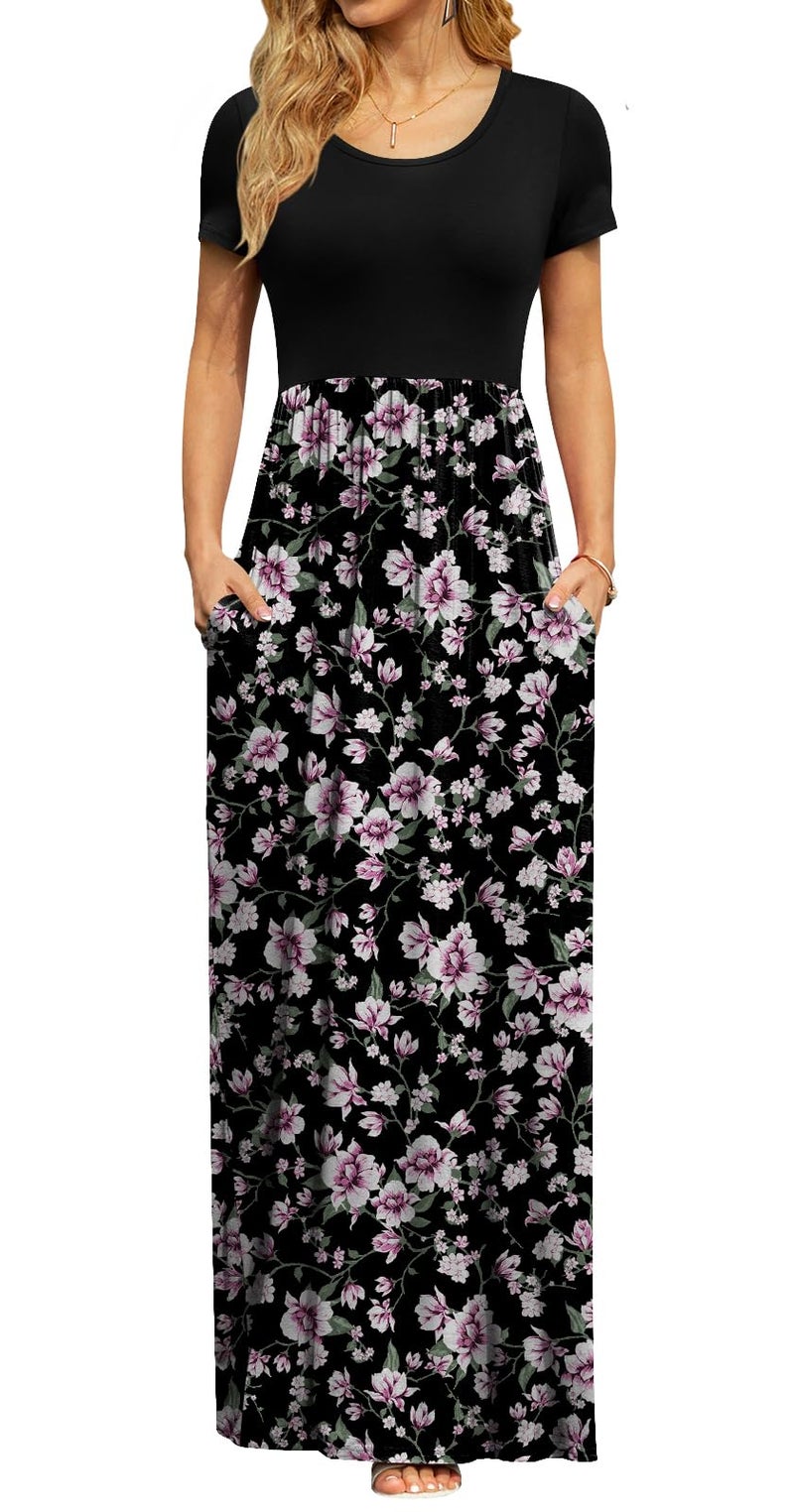 DB MOON Womens 2026 Casual Summer Maxi Dresses Short Sleeve Empire Waist Spring Long Dress with Pockets(Black Pink Flower, L) - Image 4