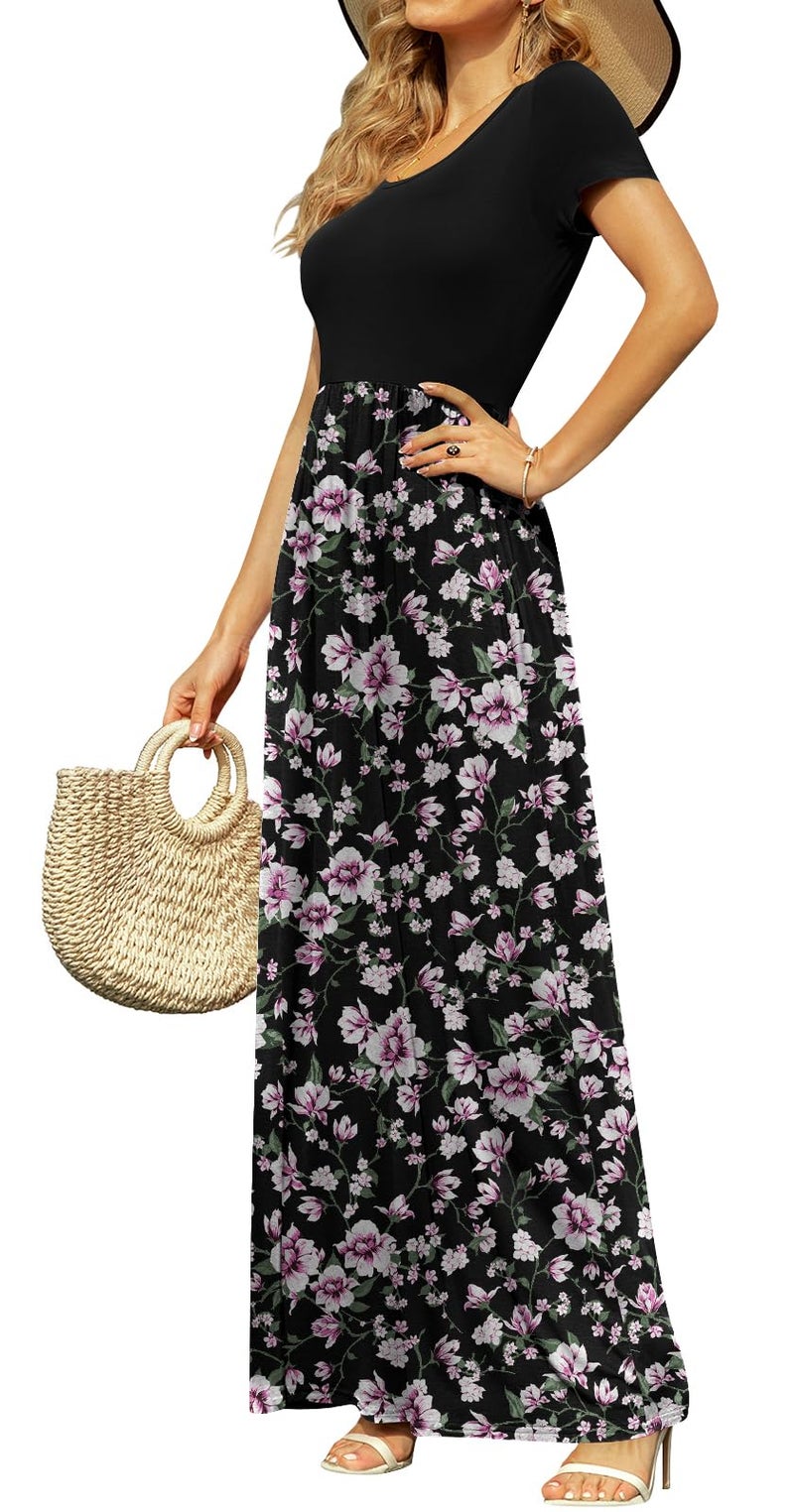 DB MOON Womens 2026 Casual Summer Maxi Dresses Short Sleeve Empire Waist Spring Long Dress with Pockets(Black Pink Flower, L) - Image 3