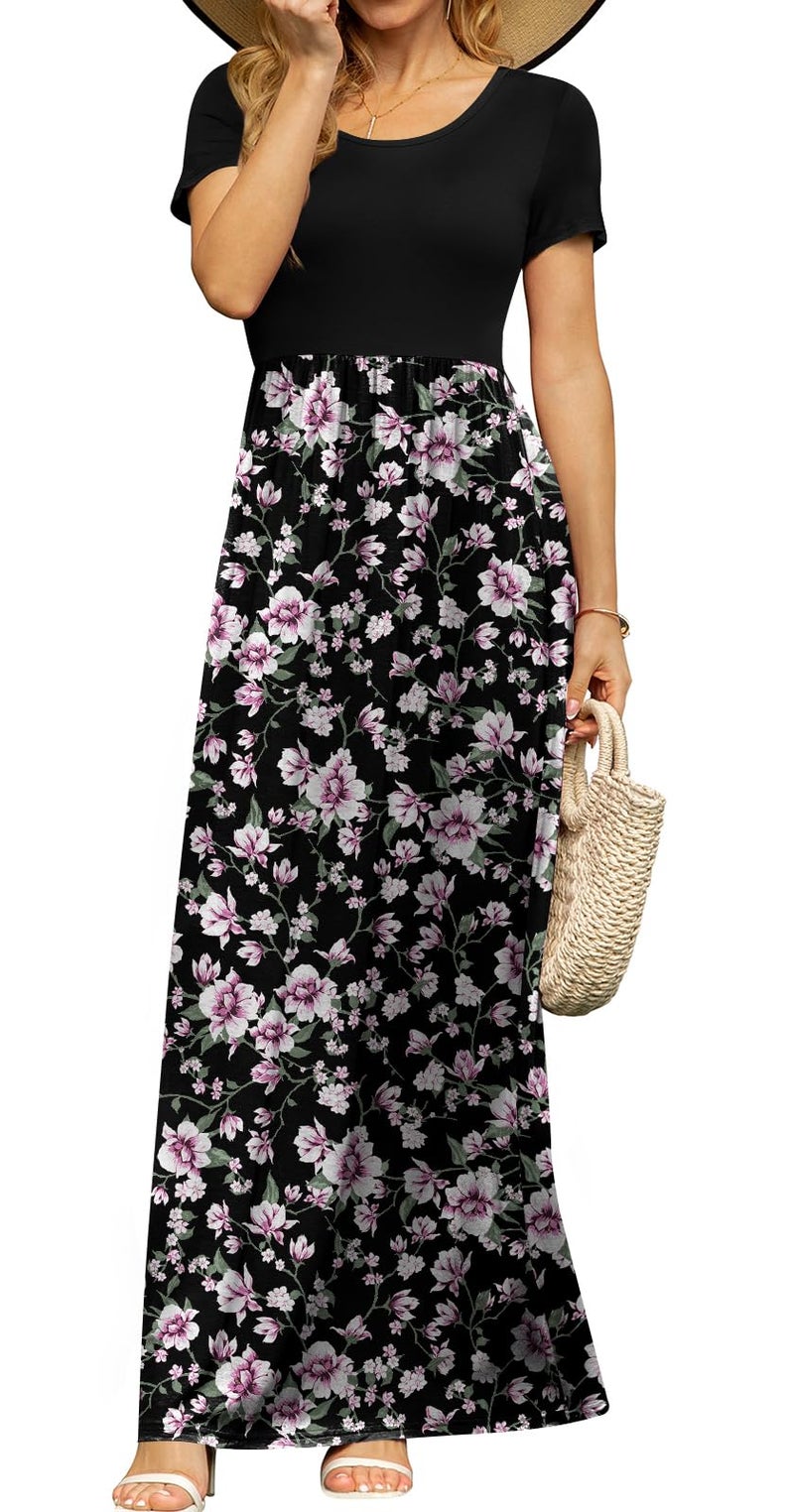 DB MOON Womens 2026 Casual Summer Maxi Dresses Short Sleeve Empire Waist Spring Long Dress with Pockets(Black Pink Flower, L) - Image 1