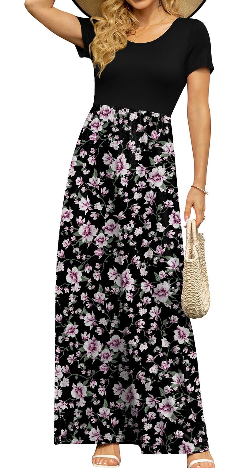 DB MOON Womens 2026 Casual Summer Maxi Dresses Short Sleeve Empire Waist Spring Long Dress with Pockets(Black Pink Flower, L) - Image 2