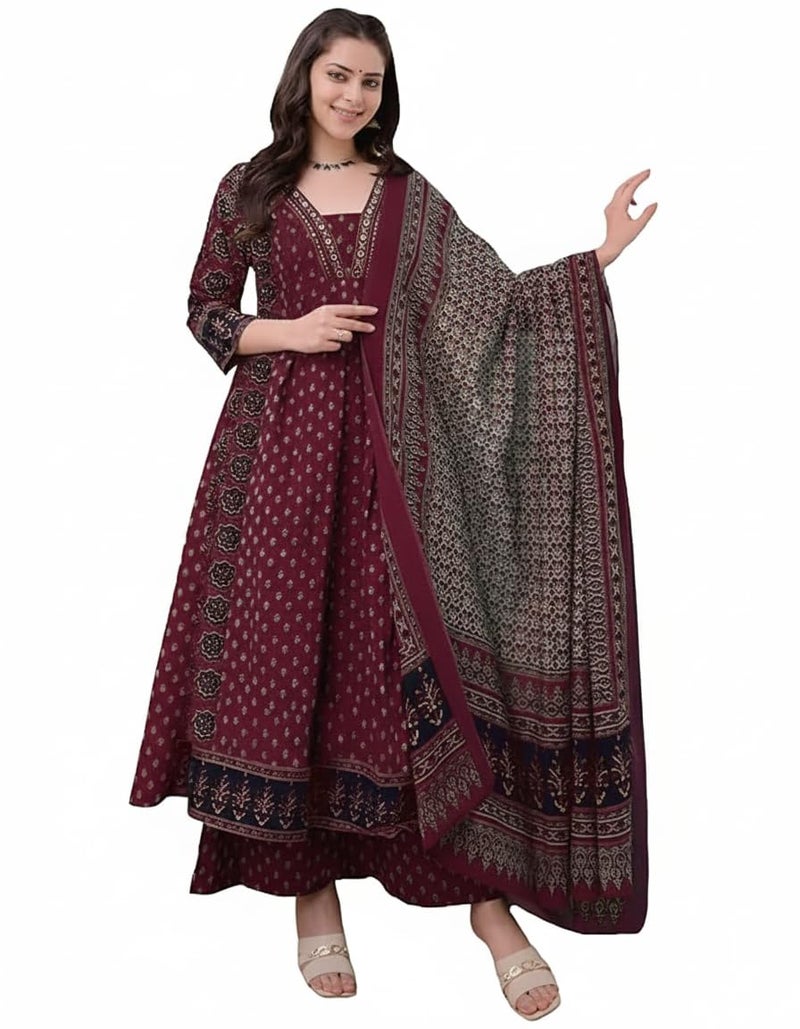 SKY FAB Women's Rayon Printed Anarkali Kurta and Pant with Dupatta Set (Large Size Available) - Image 1