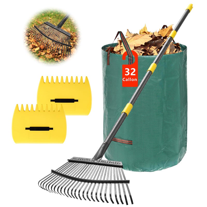 PoPoHoser Rake for Leaves 25 Tines Heavy Duty Metal Rake Set with Leaf Scoops Collector Bag Adjustable Rakes for Lawns 3in1 Leaf Collection Tool for Efficient Yard Pine Needle Grass Cleanup 5FT - Image 2