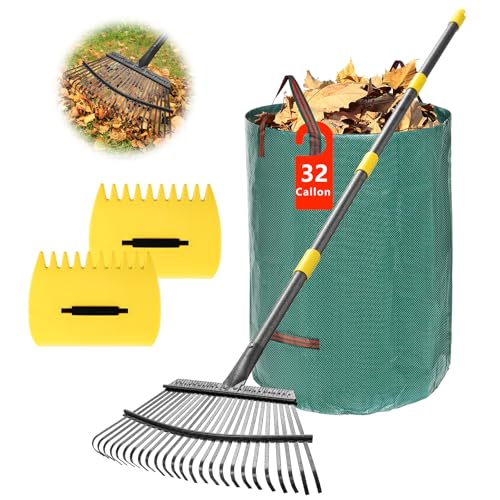 PoPoHoser Rake for Leaves 25 Tines Heavy Duty Metal Rake Set with Leaf Scoops Collector Bag Adjustable Rakes for Lawns 3in1 Leaf Collection Tool for Efficient Yard Pine Needle Grass Cleanup 5FT - Image 1
