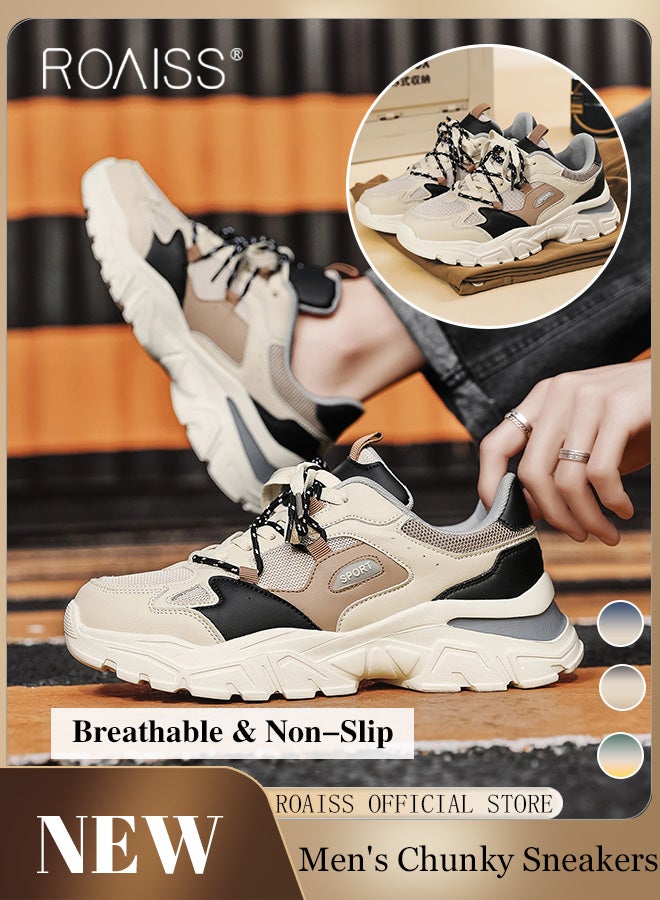 roaiss Men Stylish Chunky Sneakers, Low Top Lace up Sneakers, Lightweight Breathable Platform Shoes for Men, Classic Colour Blocked Sneakers, Suitable for Daily Wear and Outdoor Activities - Image 2