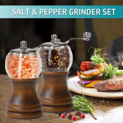 VEIZIBEE Salt and Pepper Grinder Set with Handle Crank Acrylic Manual Salt and Pepper Mills Black Pepper Spice Grinders Ceramic Core, Stainless Steel Handle, Adjustable Coarseness (Walnut 2pcs-5in) - Image 2