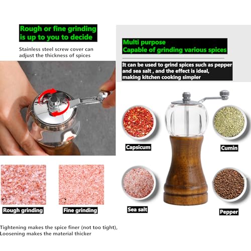 VEIZIBEE Salt and Pepper Grinder Set with Handle Crank Acrylic Manual Salt and Pepper Mills Black Pepper Spice Grinders Ceramic Core, Stainless Steel Handle, Adjustable Coarseness (Walnut 2pcs-5in) - Image 4