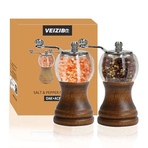 VEIZIBEE Salt and Pepper Grinder Set with Handle Crank Acrylic Manual Salt and Pepper Mills Black Pepper Spice Grinders Ceramic Core, Stainless Steel Handle, Adjustable Coarseness (Walnut 2pcs-5in) - Image 1