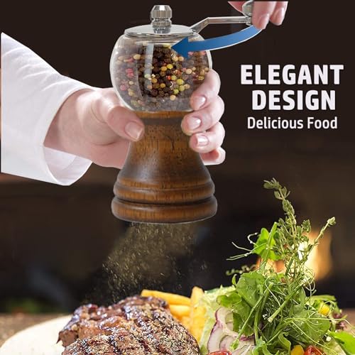 VEIZIBEE Salt and Pepper Grinder Set with Handle Crank Acrylic Manual Salt and Pepper Mills Black Pepper Spice Grinders Ceramic Core, Stainless Steel Handle, Adjustable Coarseness (Walnut 2pcs-5in) - Image 3