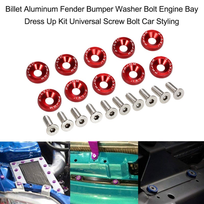 Billet Aluminum Dress Up Kit: 10 Washers & 10 Screws - Premium Durable Billet Aluminum Fender Bumper Washer Bolt for Vehicle Engine Bay, Exterior Dress Up - Image 2