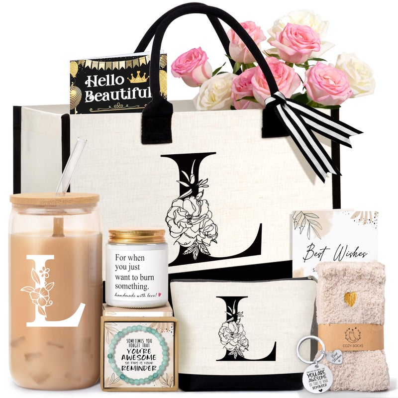 Lepiche Birthday Gifts for Women, Monogrammed Initial Gift for Teacher Wife Mom, Tote Bag,Glass Cup Gift Basket Personalized Christmas Mother's Teacher Appreciation Day,L - Image 1