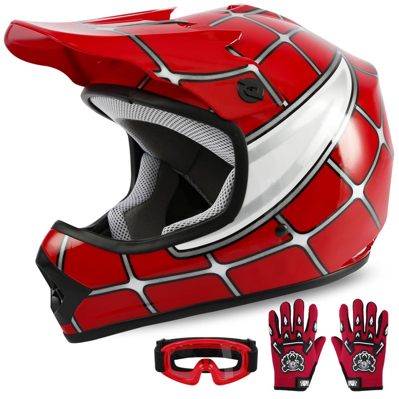 XFMT Kids Dirt Bike Helmet Youth Motorcycle Helmet DOT-Certified Full Face Helmets for Motocross ATV Off-Road Street Bike with Goggles & Gloves, Red Spider Small - Image 1