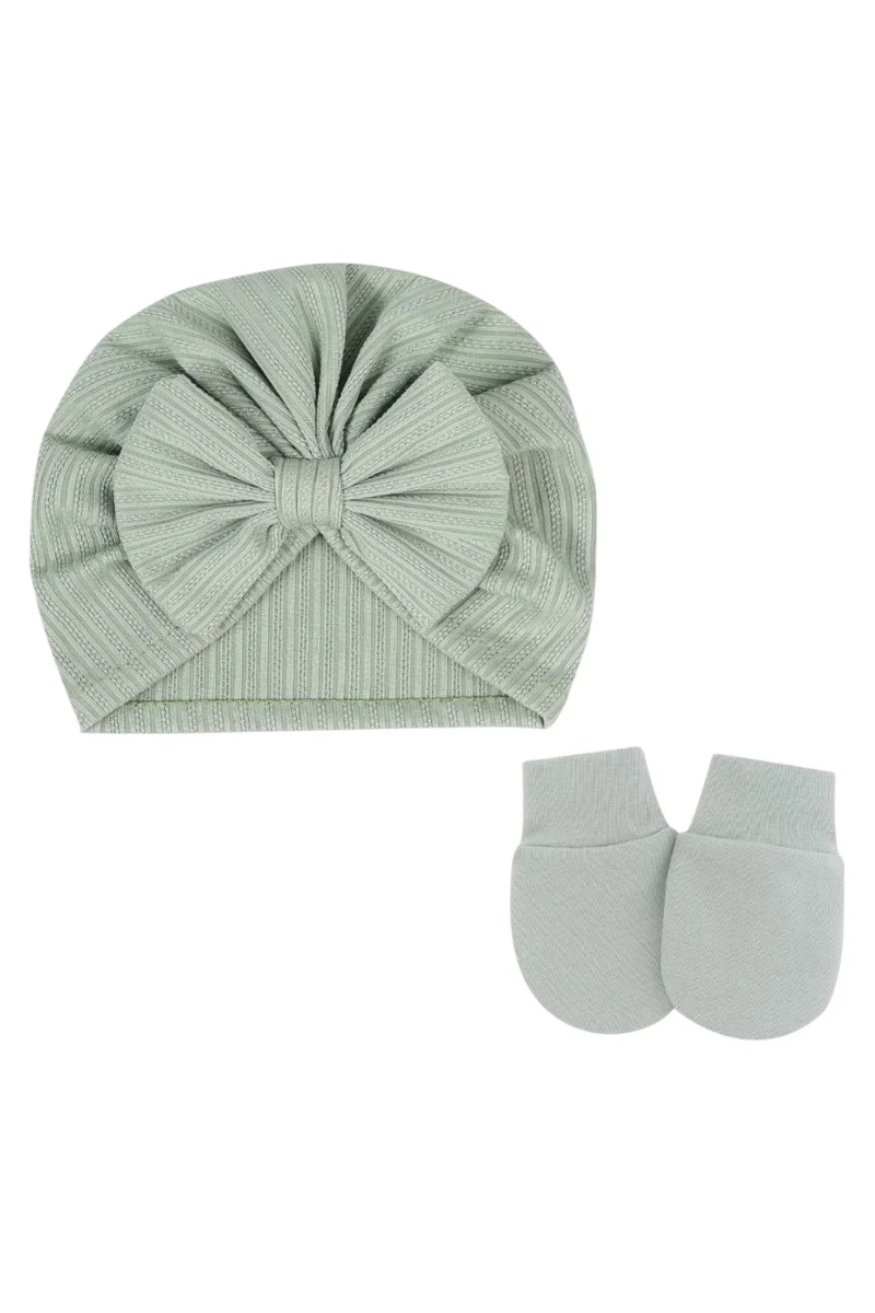 Bambimici Babybow Turban Hat And Mittens Olive Green