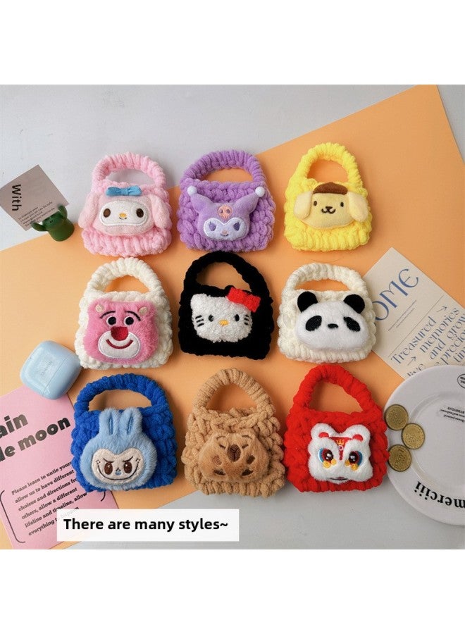 Ins Cartoon Plush Woven Coin Purse Portable Earphone Line Storage Bag Cute Girl's Heart Handmade Hook Earphone Bag-Color:Kuri/purple Knitted Bag-Size:About 11*8cm - Image 5