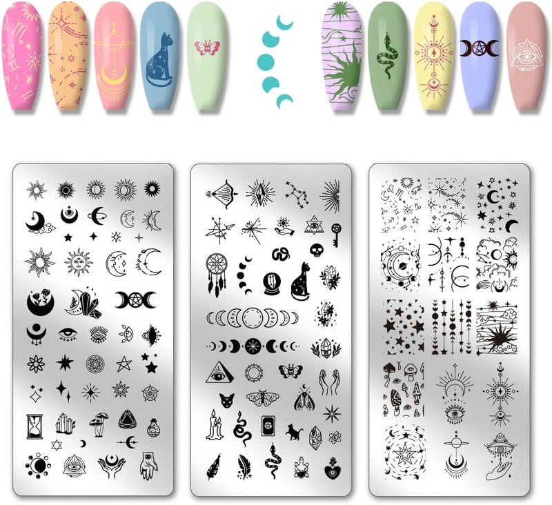PH PandaHall 3pcs Moon and Sun Nail Stamping Plate Divination Nail Art Templates Mysterious Art Stencils Stainless Steel Image Plates for Women Print Manicures Salon Design Supplies