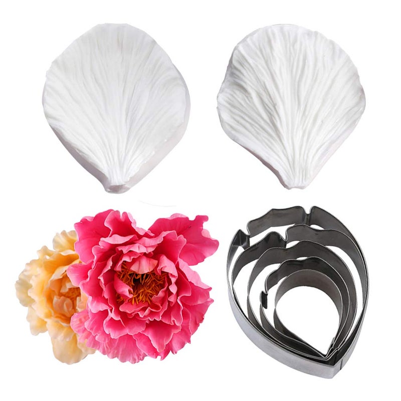 KALAIEN 5pcs Stainless Steel Peony Cutter 2pcs Fondant Silicone Mold Gumpaste Peony Sugarcraft Flower Veining Mold Veiner Petal Making Tool - Image 4