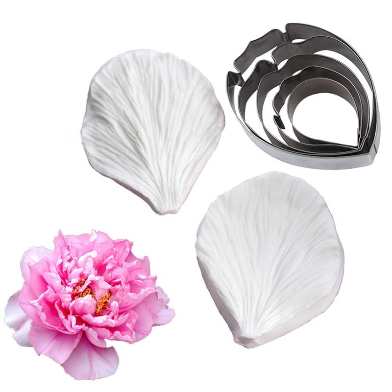 KALAIEN 5pcs Stainless Steel Peony Cutter 2pcs Fondant Silicone Mold Gumpaste Peony Sugarcraft Flower Veining Mold Veiner Petal Making Tool - Image 1