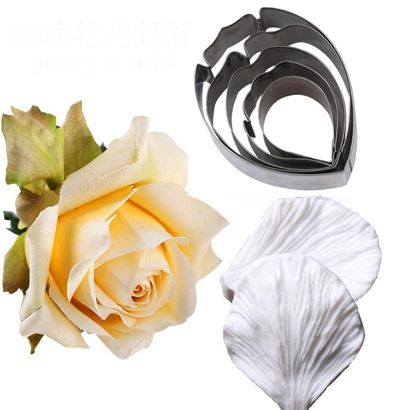 KALAIEN 5pcs Stainless Steel Peony Cutter 2pcs Fondant Silicone Mold Gumpaste Peony Sugarcraft Flower Veining Mold Veiner Petal Making Tool - Image 5